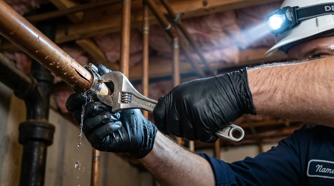 Emergency pipe clamp repair being performed by a Johns Plumbing LLC plumber in Exeter