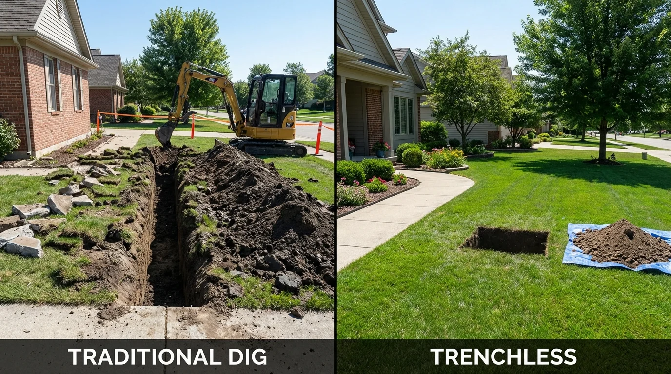 Trenchless sewer repair with minimal yard damage versus traditional excavation in Exeter, NH