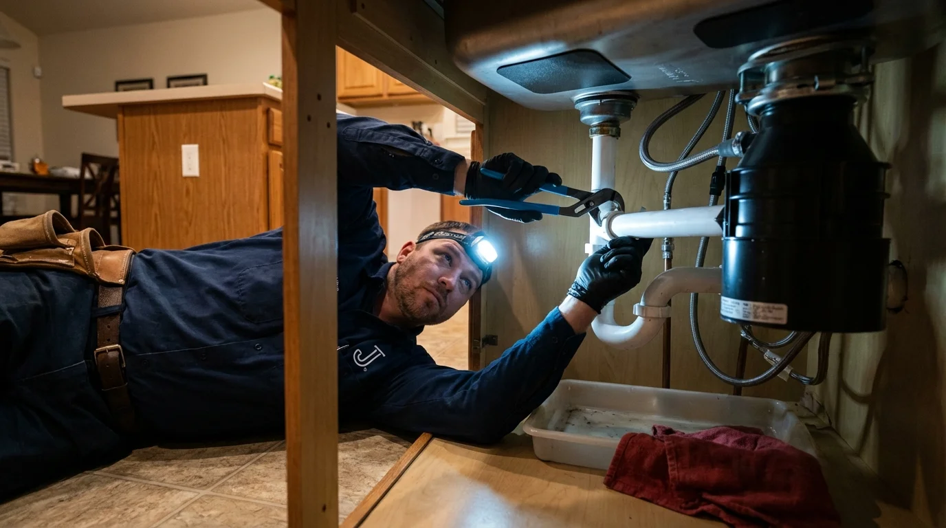 P-trap and supply line connections under a kitchen sink showing a common leak point in Exeter, NH